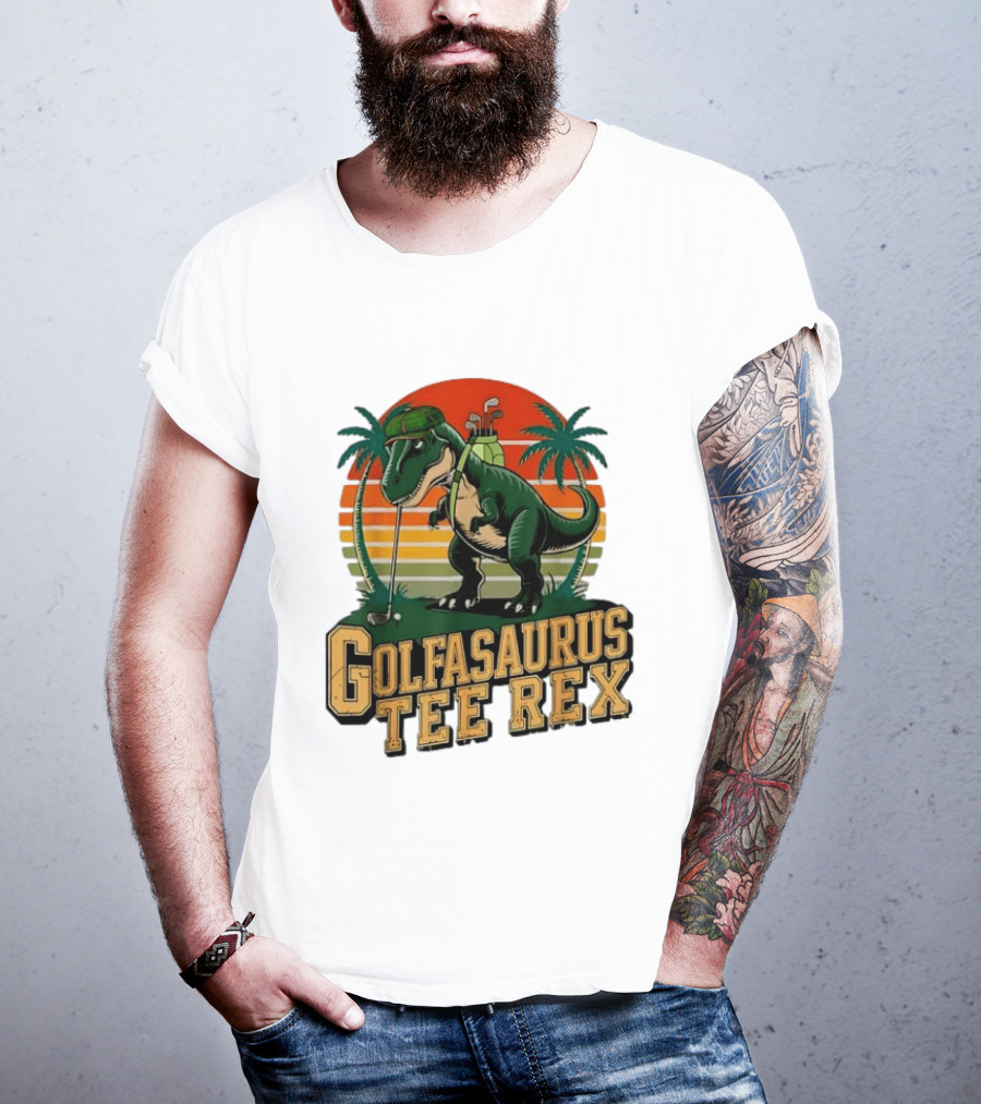 Golfasaurus Rex Rex Dinosaur Playing Golf Sunset Palm Trees T-Shirt