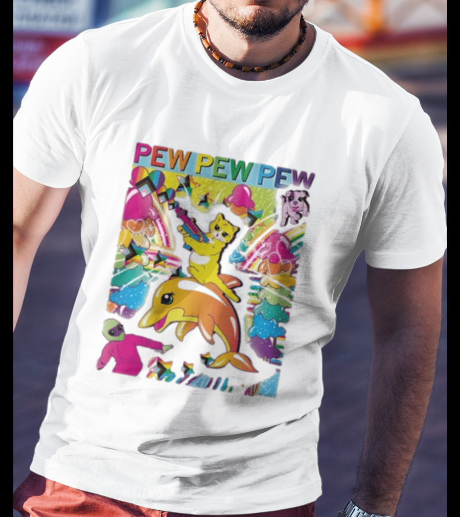 Pew Pew Pew Colorful Cat Dolphin Alien Rainbow T-Shirt