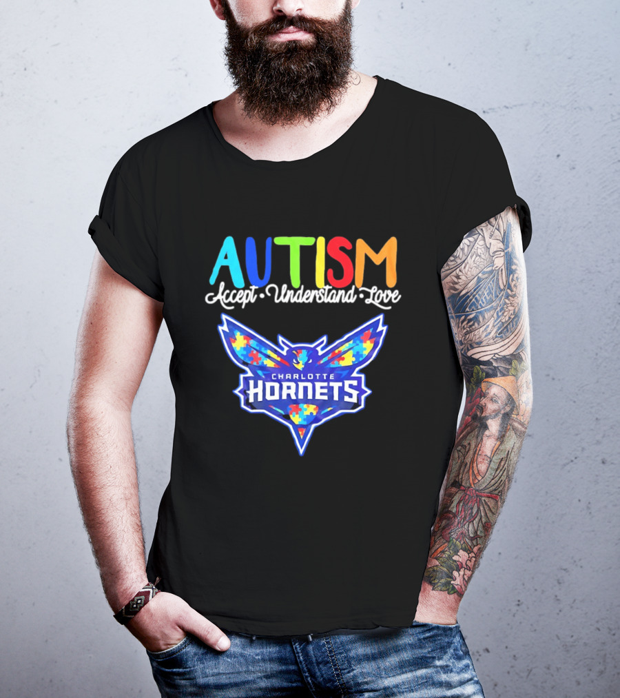 Charlotte Hornets Autism Accept Understand Love Awareness Support Puzzle Wings T-Shirt