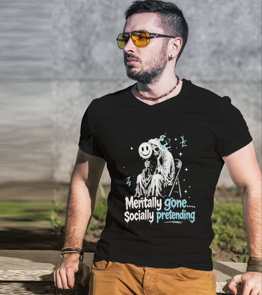 Mentally Gone Socially Pretending Goth Skull On Chair T-Shirt