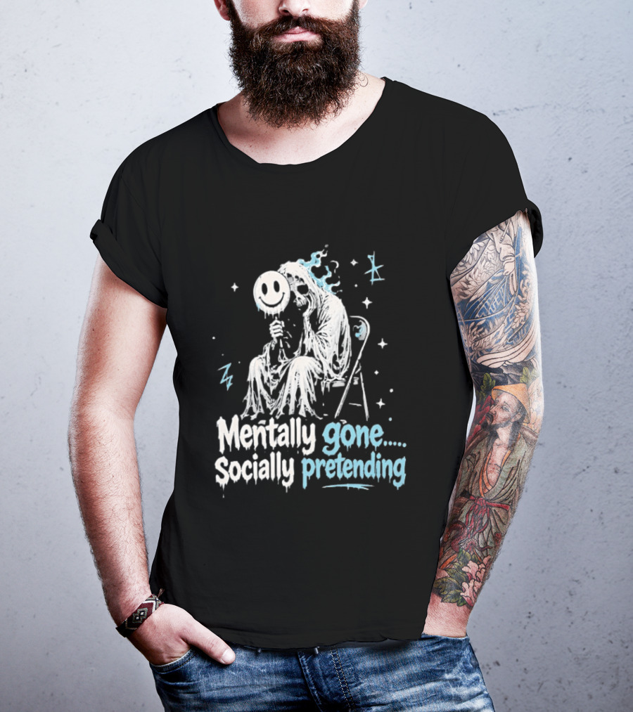Mentally Gone Socially Pretending Goth Skull On Chair T-Shirt