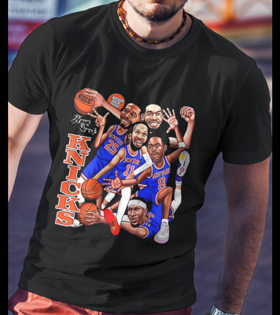 New York Knicks Starting Five 2026 Caricature Dunk Basketball Hoops T-Shirt