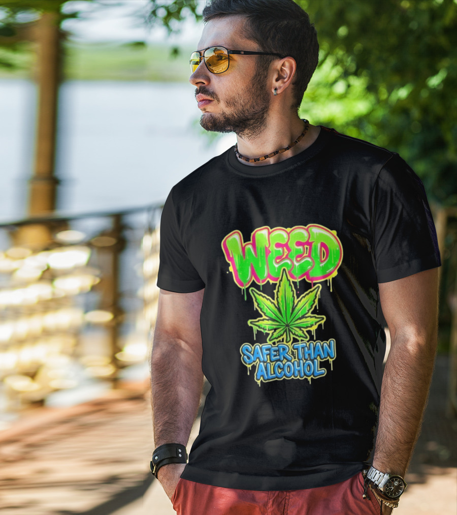 Weed Safer Than Alcohol Leaf Bright Graffiti T-Shirt
