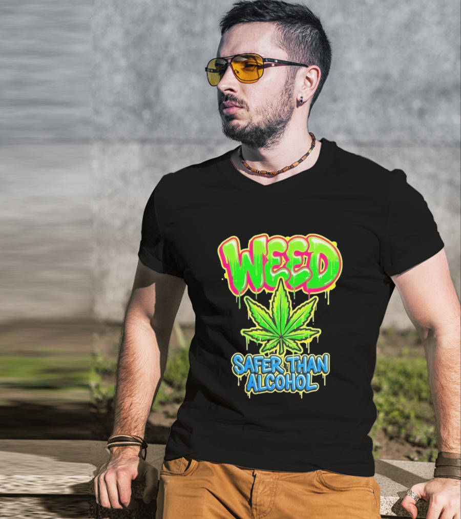 Weed Safer Than Alcohol Leaf Bright Graffiti T-Shirt