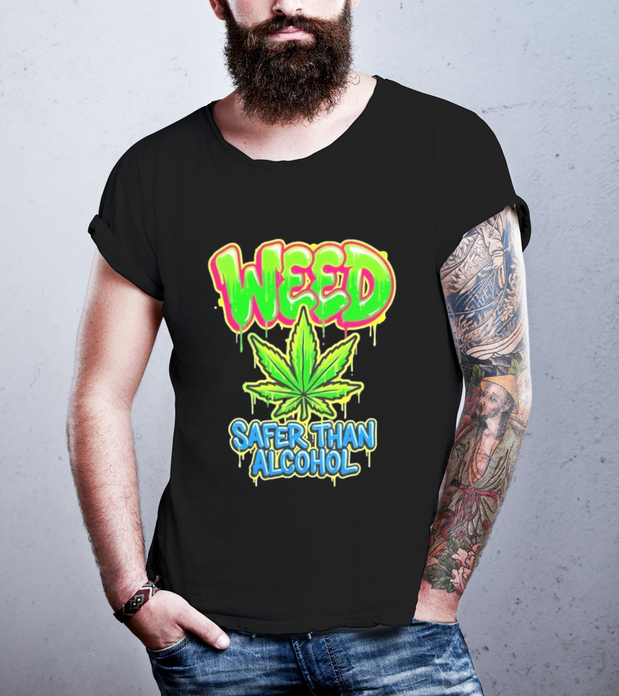 Weed Safer Than Alcohol Leaf Bright Graffiti T-Shirt