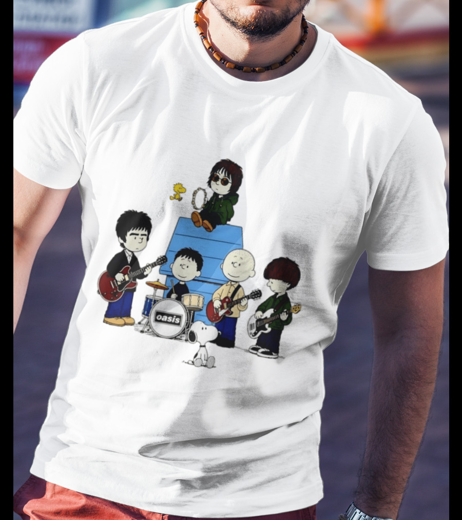 Snoopy Peanuts Oasis Band Cartoon Woodstock Drums Guitars T-Shirt