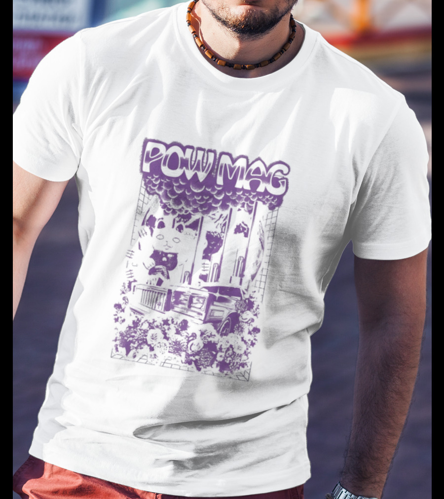 Powell Mag Cat Skateboarding Graphic With Floral Accents T-Shirt