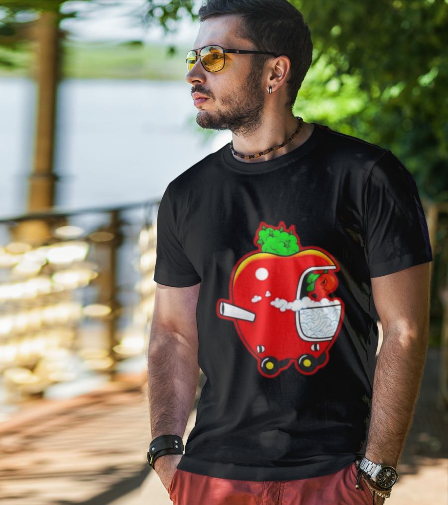 Smokey Worm Apple Cartoon Red Apple With Smoke And Wheels T-Shirt
