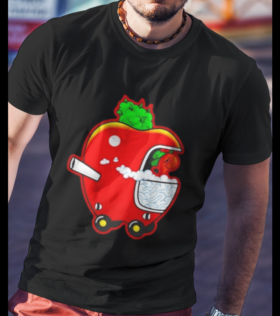 Smokey Worm Apple Cartoon Red Apple With Smoke And Wheels T-Shirt