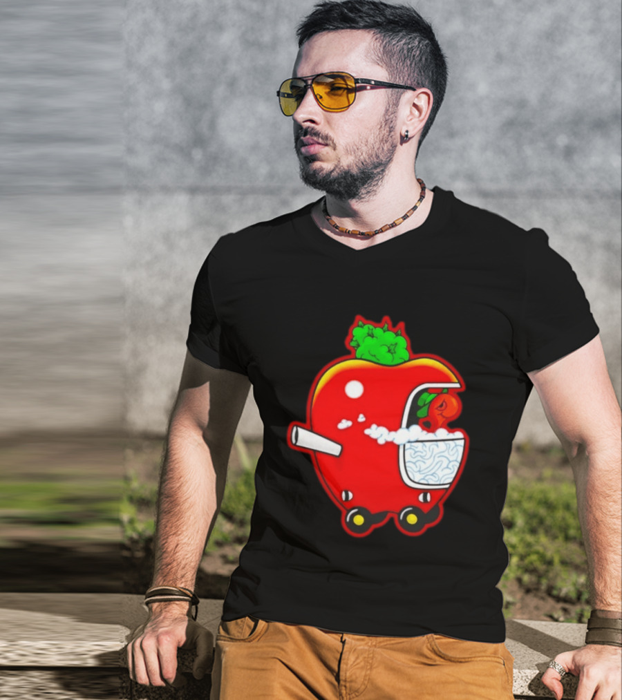 Smokey Worm Apple Cartoon Red Apple With Smoke And Wheels T-Shirt