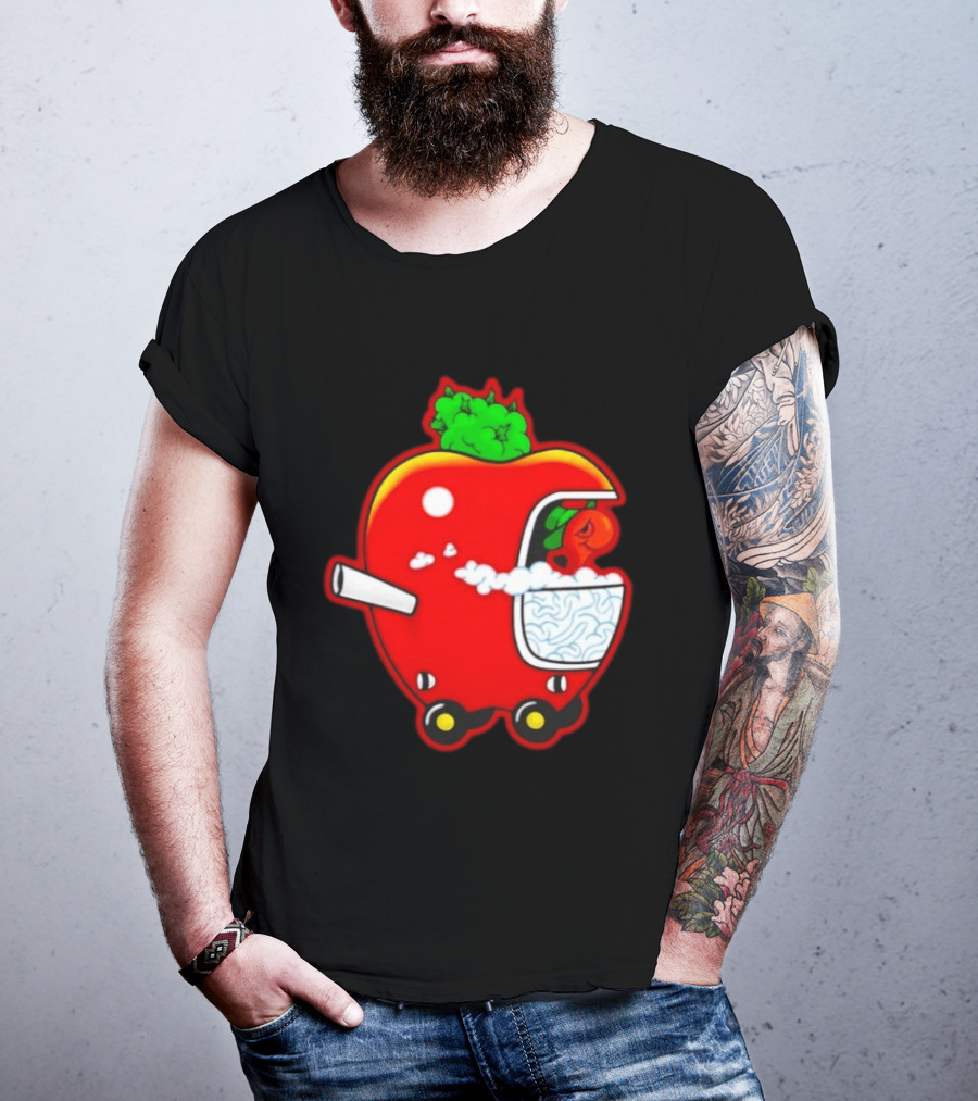 Smokey Worm Apple Cartoon Red Apple With Smoke And Wheels T-Shirt