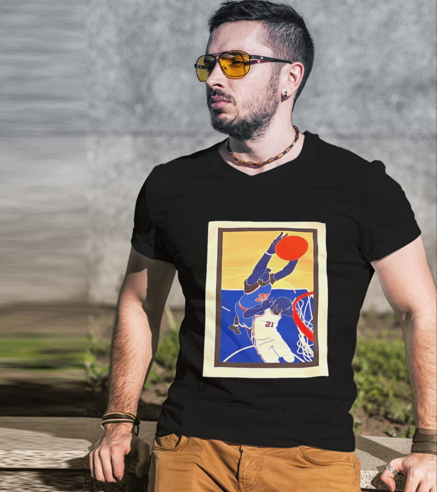 Mitchell Robinson 23 Dunking Joel Embiid 21 New York Knicks Basketball NBA 2026 T-Shirt