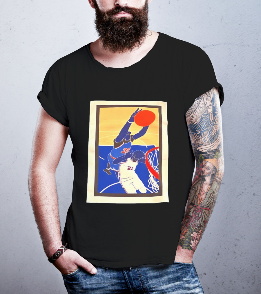 Mitchell Robinson 23 Dunking Joel Embiid 21 New York Knicks Basketball NBA 2026 T-Shirt