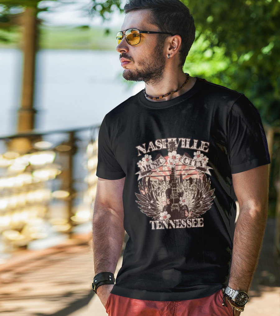 Nashville Music City Tennessee Vintage Guitar Flowers Skyline T-Shirt