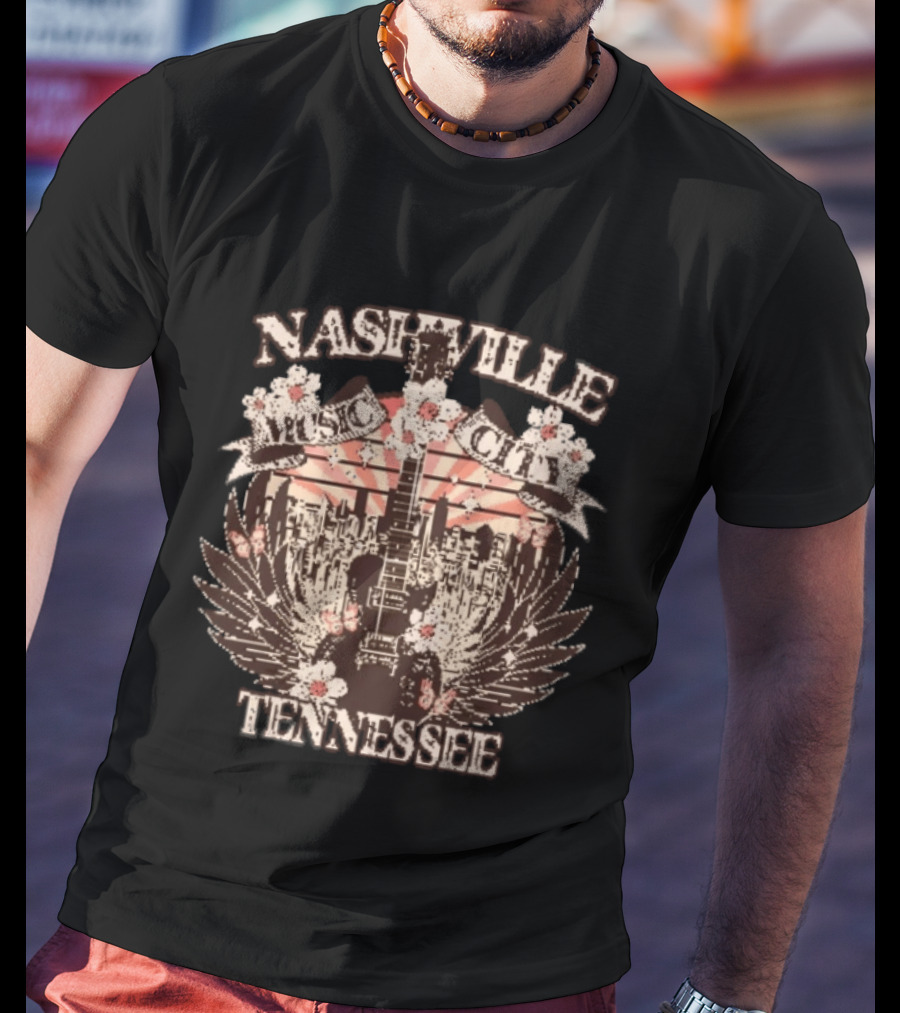 Nashville Music City Tennessee Vintage Guitar Flowers Skyline T-Shirt