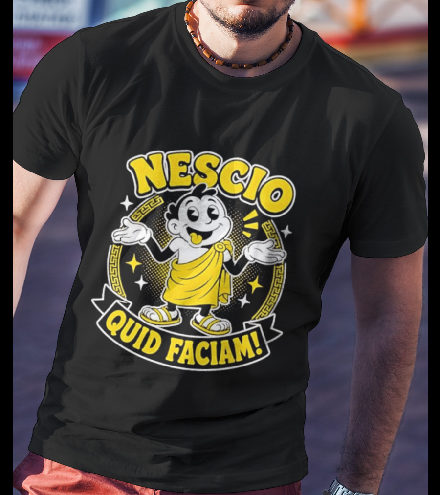 Nescio Quid Faciam Cartoon Ancient Roman Character Greek Key Border T-Shirt