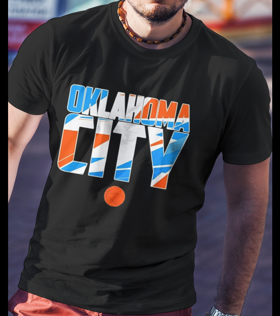 Oklahoma City Basketball Pride Colorful Lettering With Orange Basketball T-Shirt