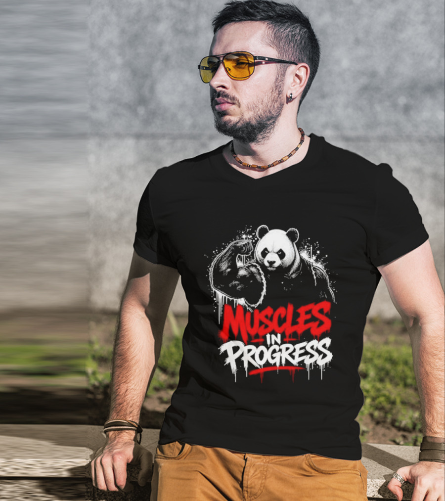 Panda Muscles In Progress Gym Workout Motivation T-Shirt