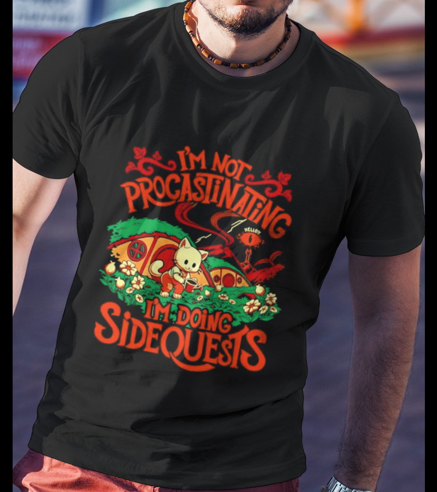 I'm Not Procrastinating I'm Doing Side Quests Cute Cat Adventure Scene T-Shirt