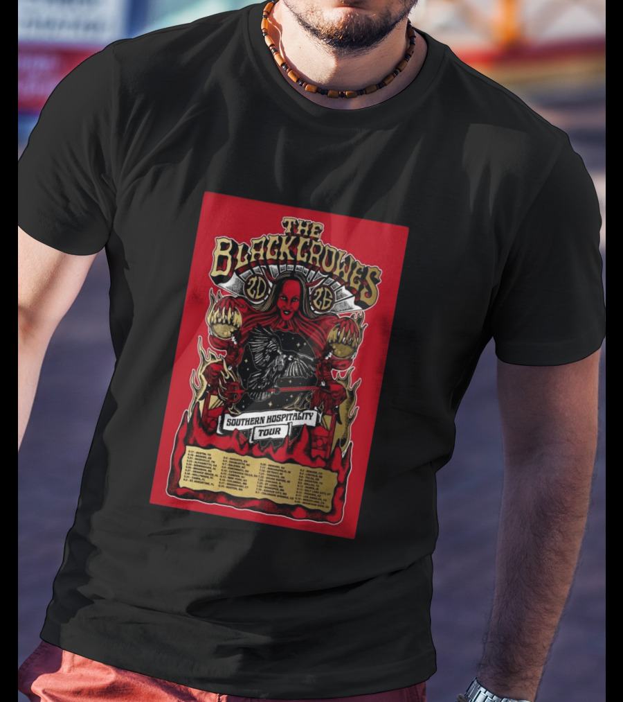 The Black Crowes Southern Hospitality Tour 2026 Red Background Gothic Crow Imagery Vintage Band Tour Dates T-Shirt