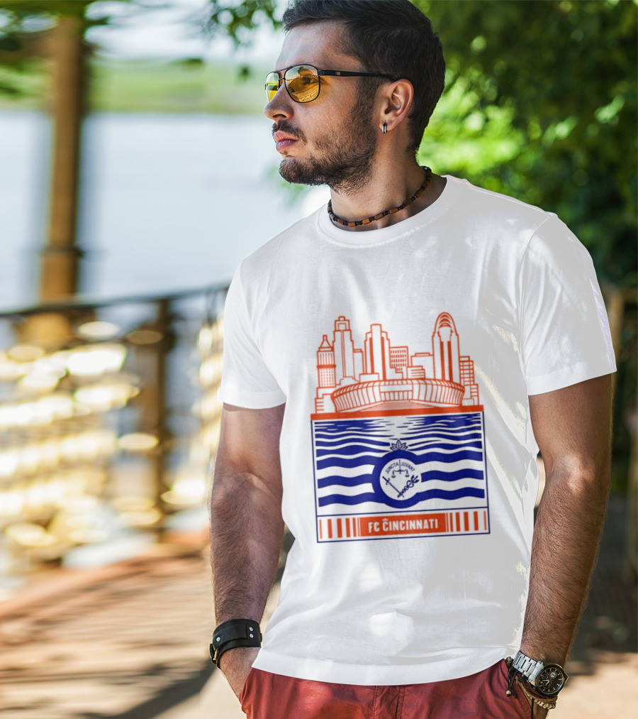FC Cincinnati Stadium Skyline With River Flag T-Shirt