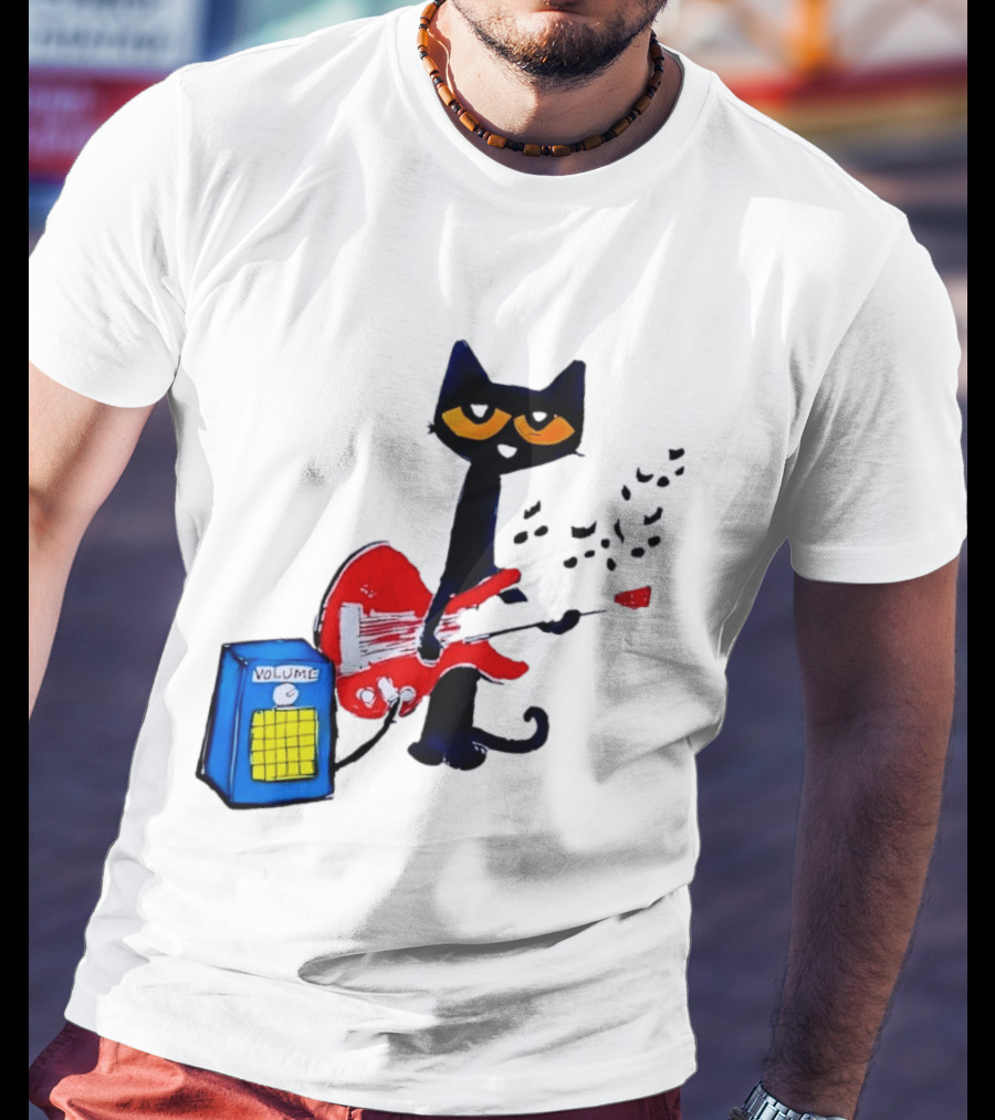Pete The Cat Playing Red Guitar With Volume Amplifier Music Notes T-Shirt