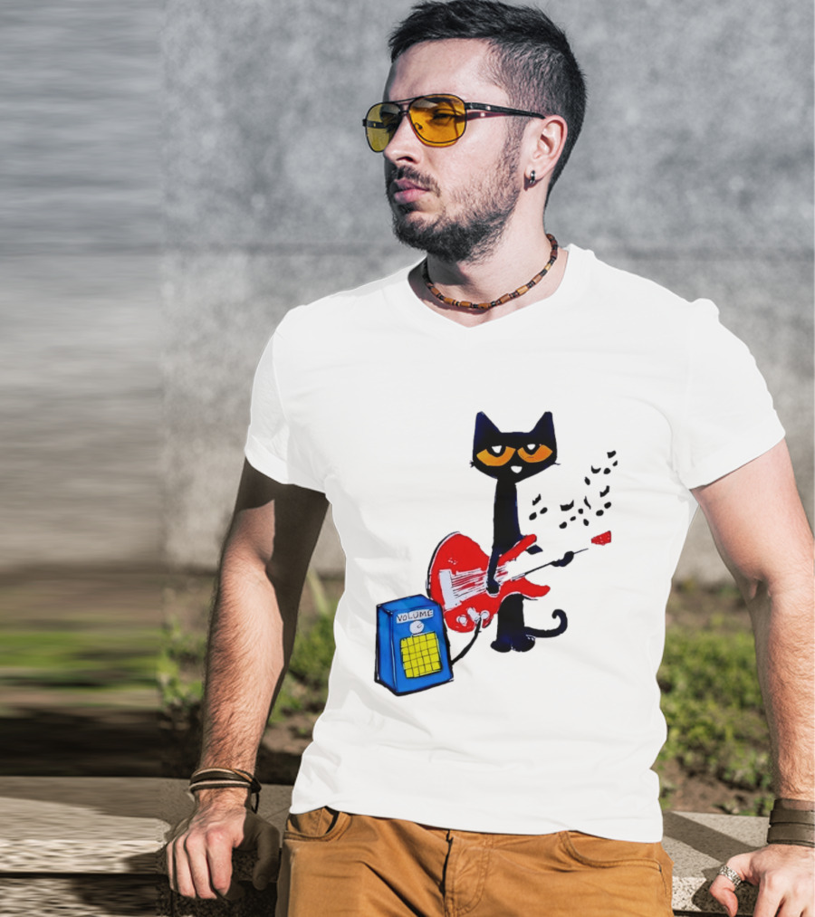 Pete The Cat Playing Red Guitar With Volume Amplifier Music Notes T-Shirt