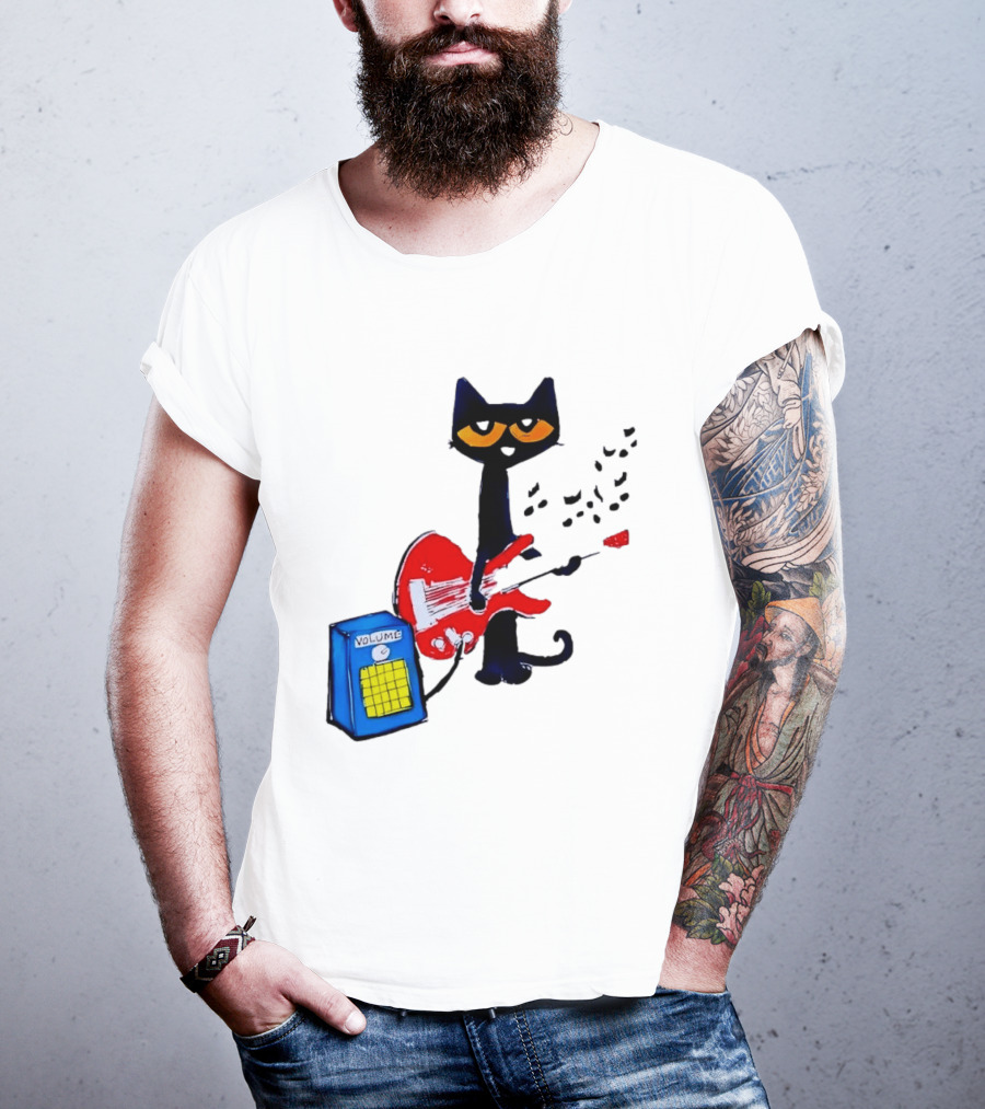 Pete The Cat Playing Red Guitar With Volume Amplifier Music Notes T-Shirt