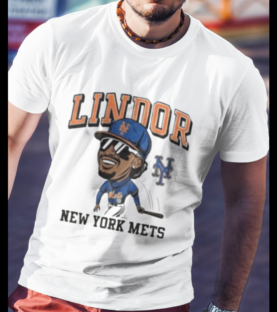 Lindor New York Mets 26 Caricature Baseball Player With Cap T-Shirt