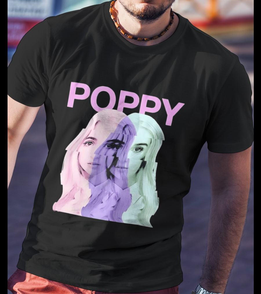Poppy Digital Muse Glitch Faces Tricolor T-Shirt