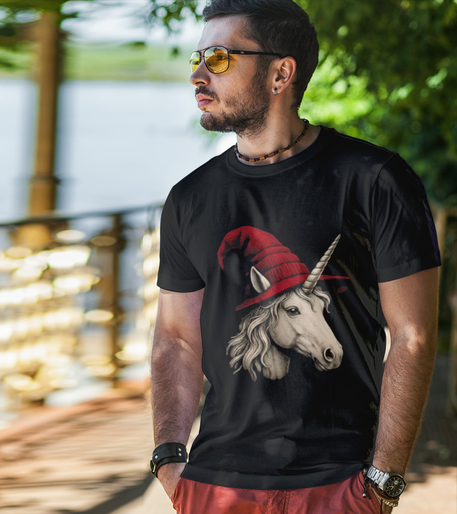 Unicorn With Red Wizard Witch Hat Beanie T-Shirt