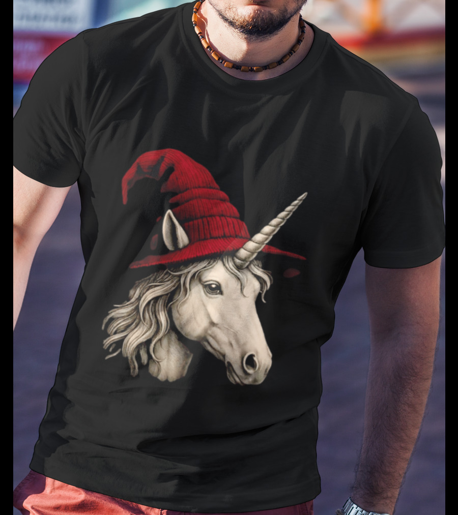 Unicorn With Red Wizard Witch Hat Beanie T-Shirt