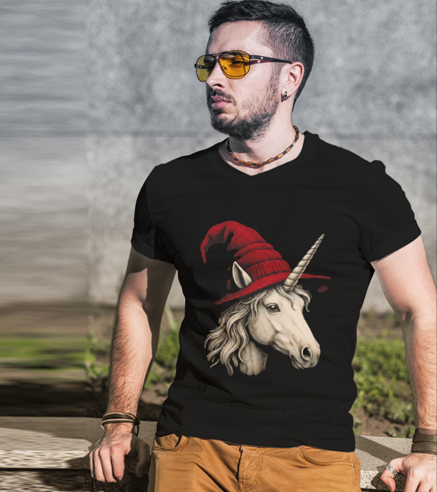 Unicorn With Red Wizard Witch Hat Beanie T-Shirt