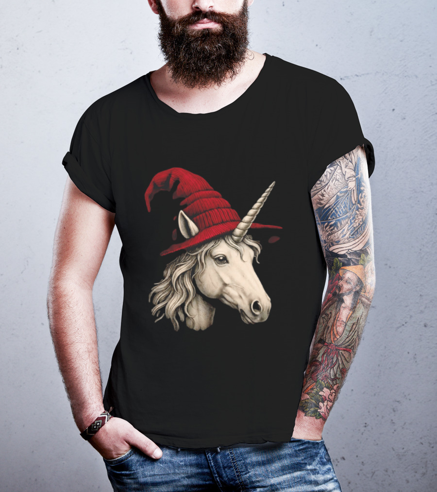 Unicorn With Red Wizard Witch Hat Beanie T-Shirt
