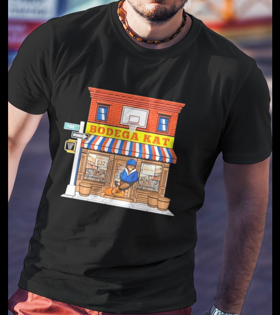 Bodega KAT New York Knicks Basketball Street Scene Purr Street Sign T-Shirt