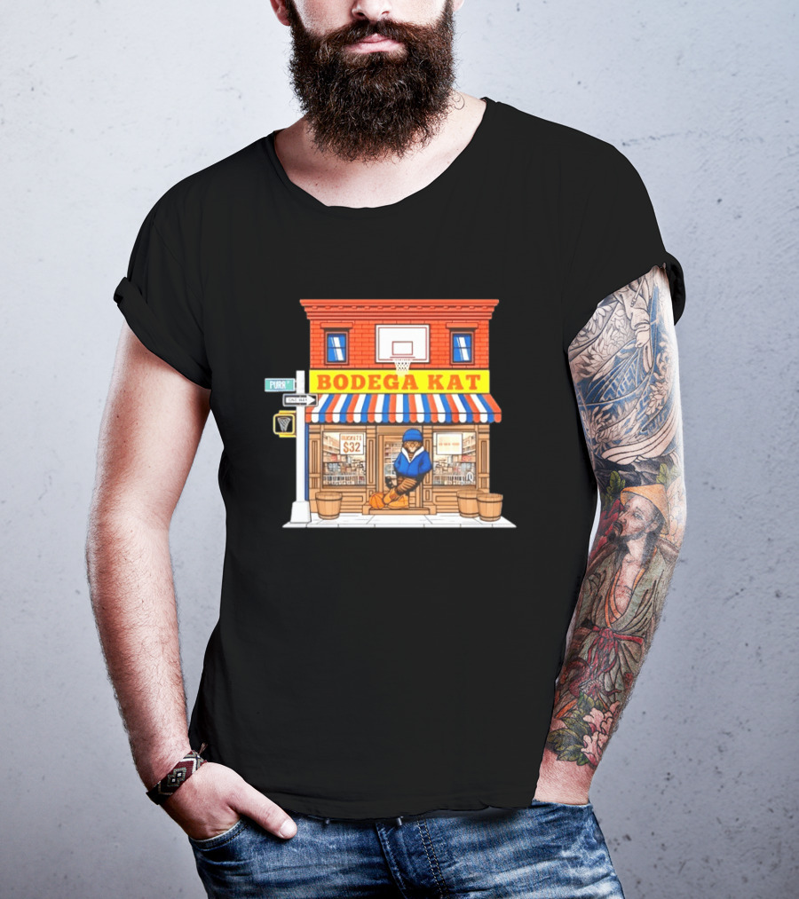Bodega KAT New York Knicks Basketball Street Scene Purr Street Sign T-Shirt