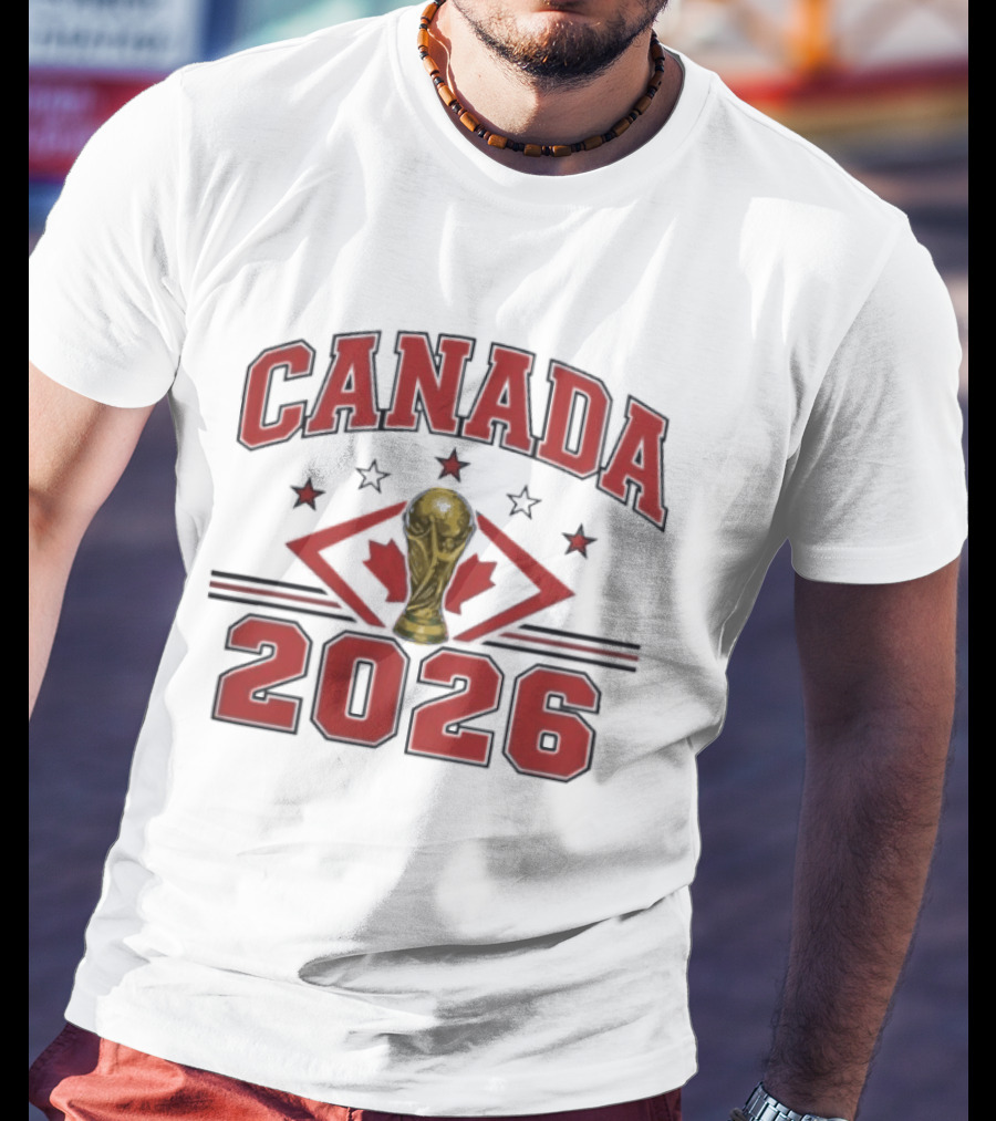 Canada 2026 Football World Cup Trophy And Maple Leaf T-Shirt