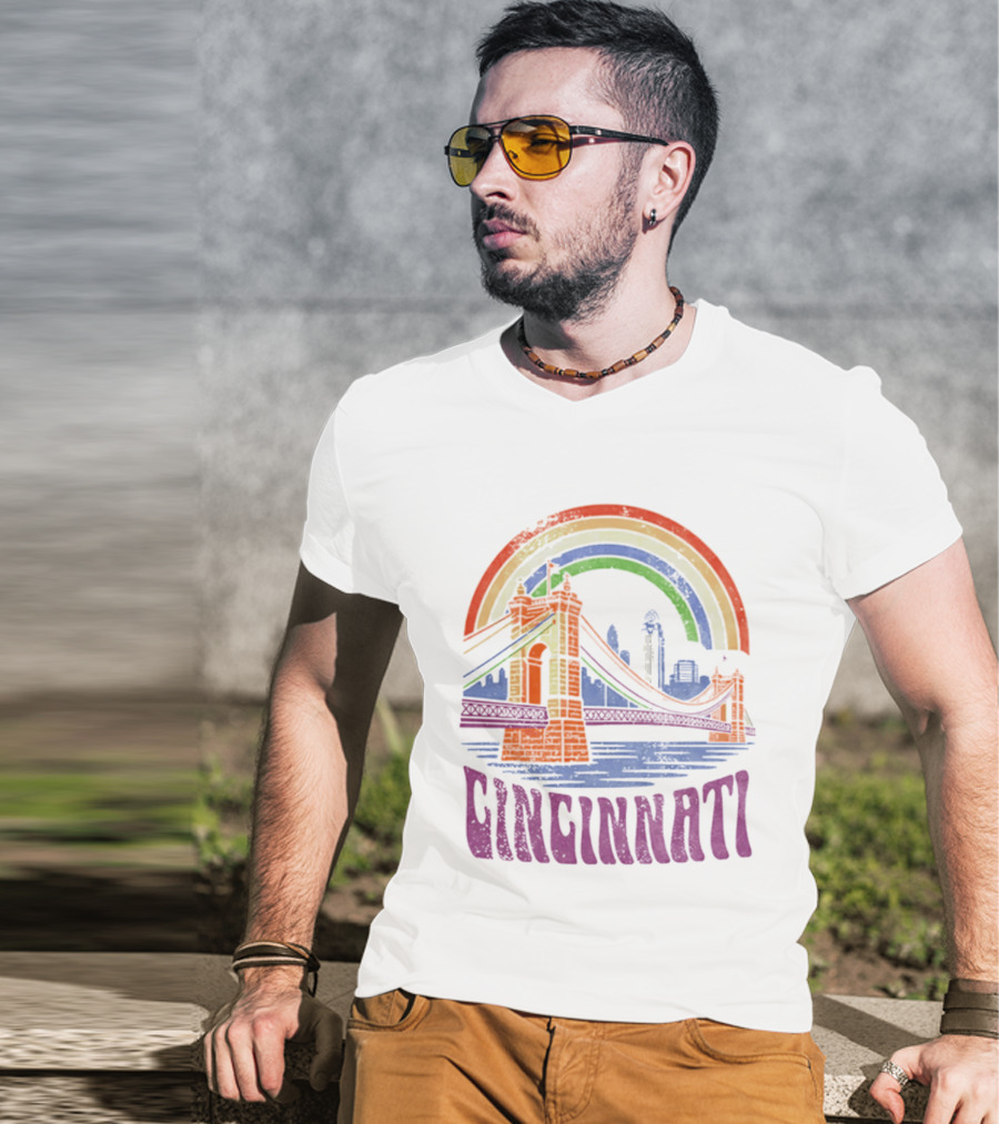 Cincinnati Roebling Bridge Rainbow Skyline Proud Of Our City T-Shirt