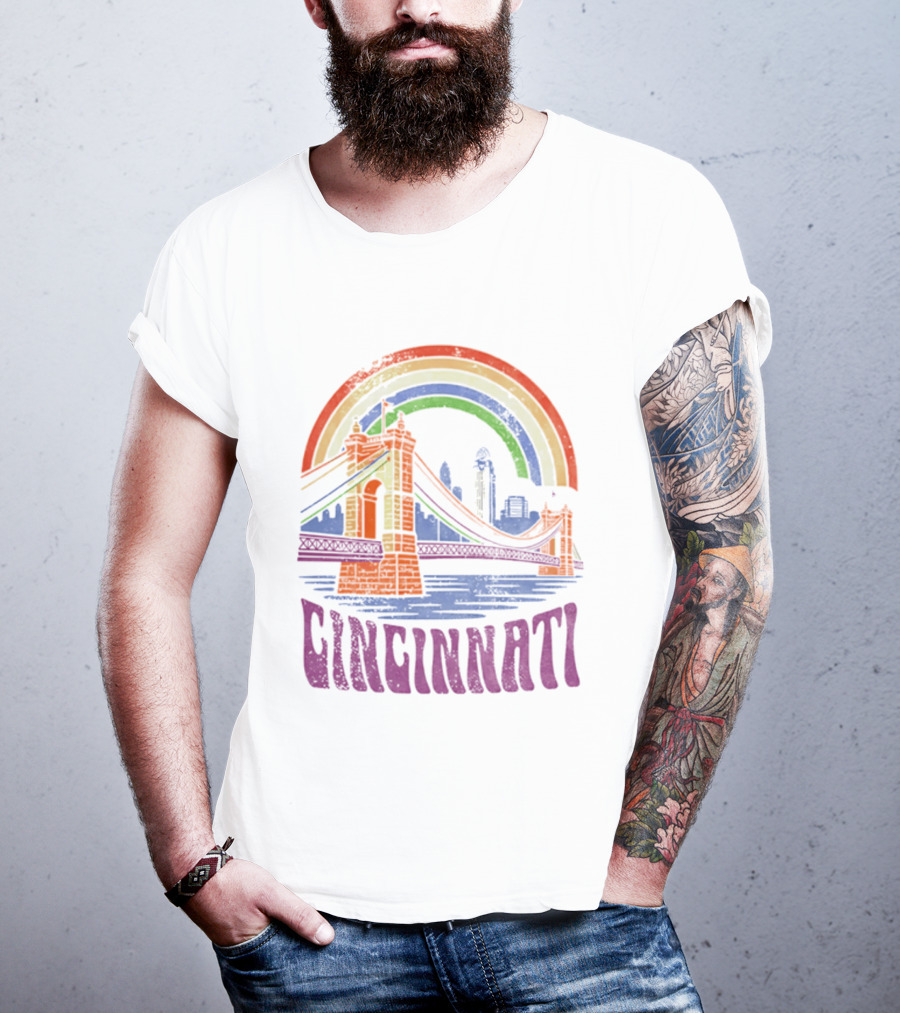 Cincinnati Roebling Bridge Rainbow Skyline Proud Of Our City T-Shirt