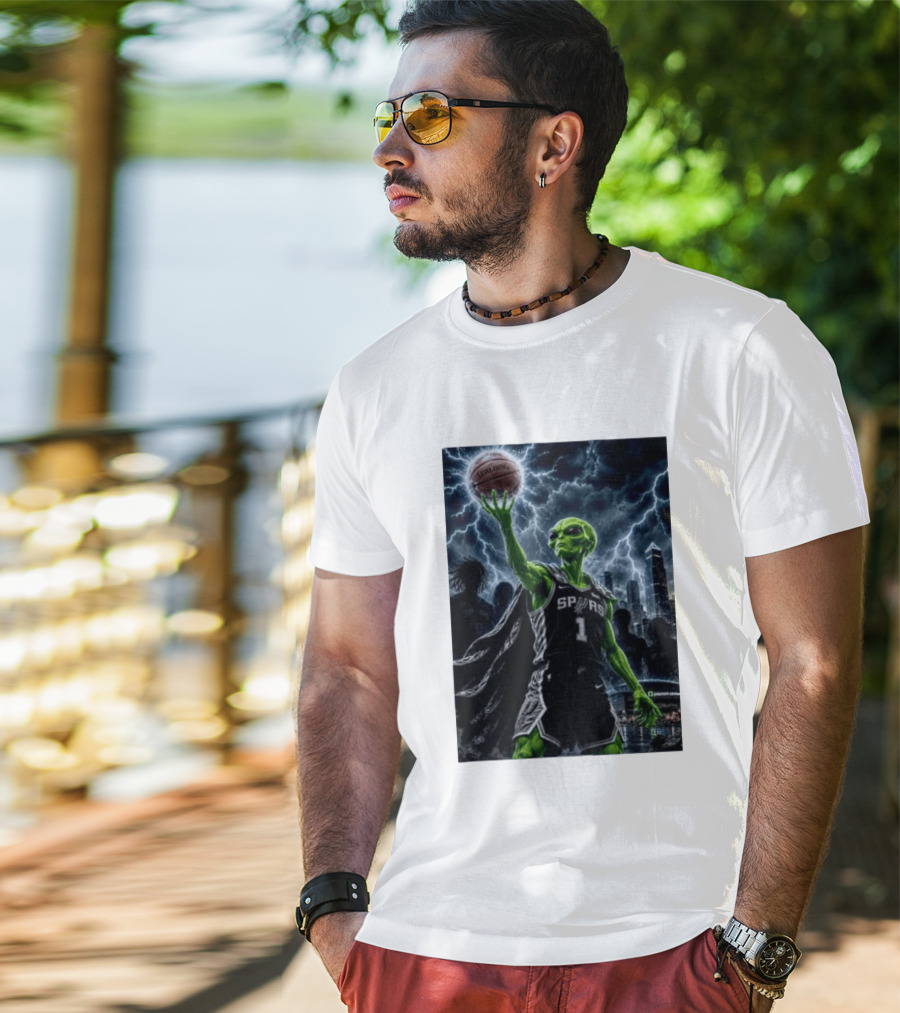 NBA Spurs Alien Spalding Basketball Hovering In Stormy City Skyline T-Shirt