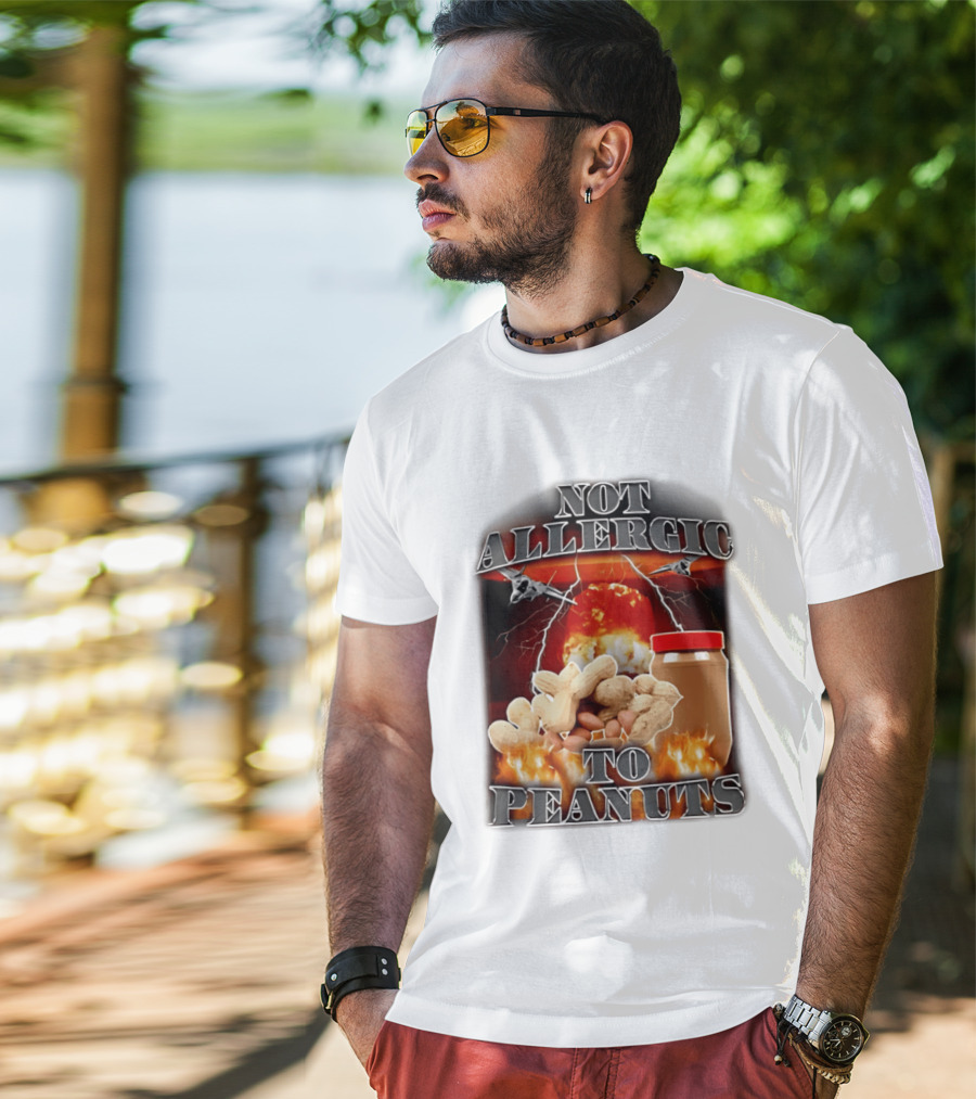 Not Allergic To Peanuts Jar With Explosive Background And Fighter Jets T-Shirt