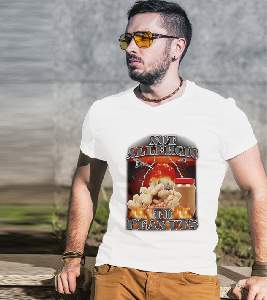 Not Allergic To Peanuts Jar With Explosive Background And Fighter Jets T-Shirt