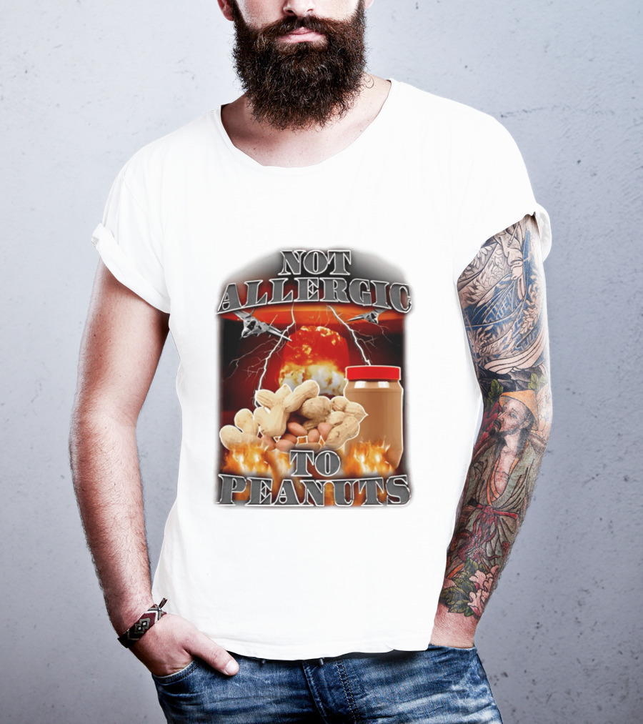 Not Allergic To Peanuts Jar With Explosive Background And Fighter Jets T-Shirt