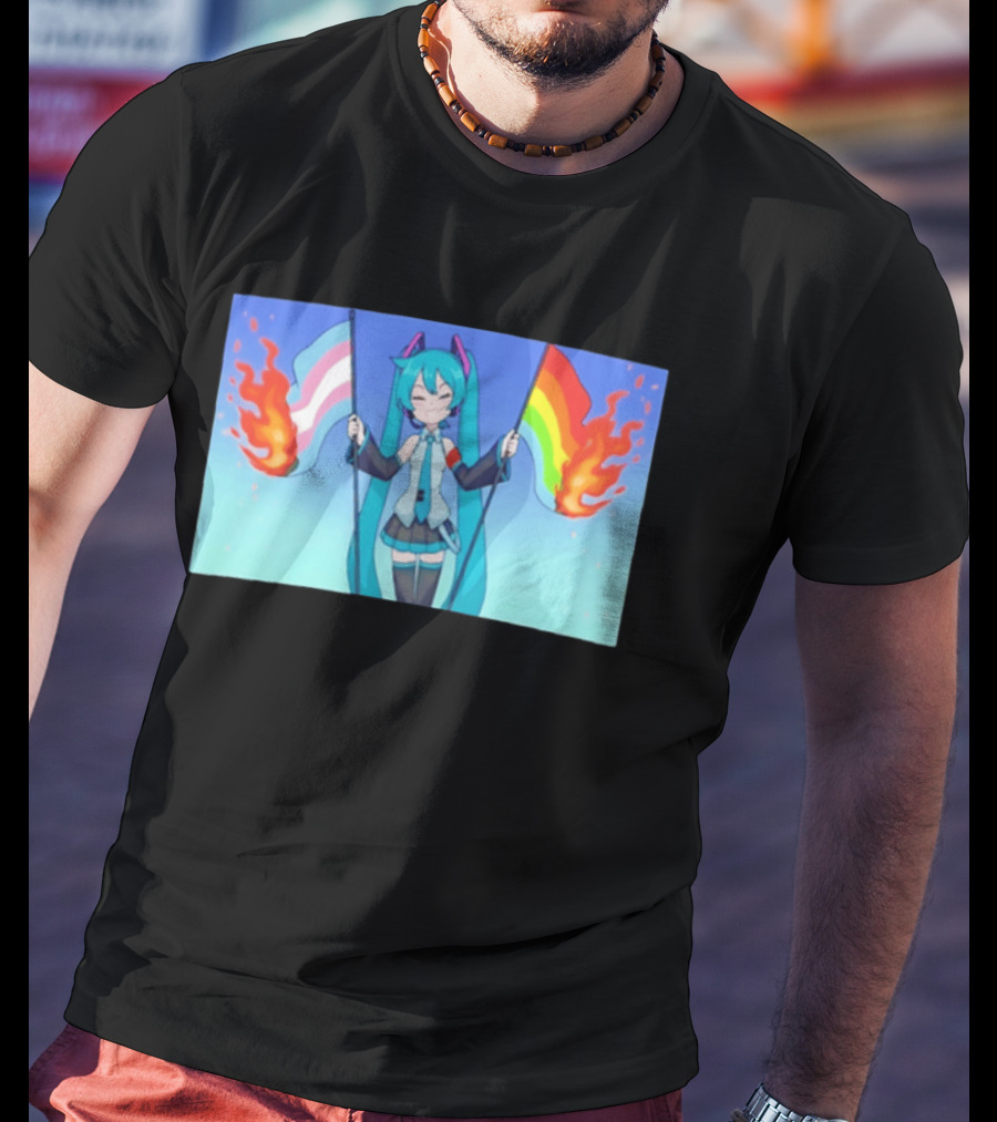 Anime Vocaloid Miku Holding Burning Transgender And Rainbow Flags Controversial Pride Month 2026 T-Shirt