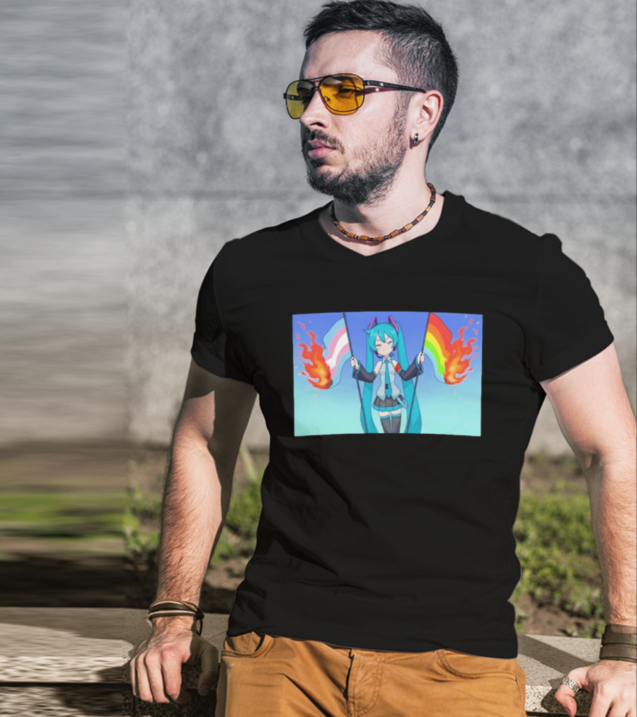 Anime Vocaloid Miku Holding Burning Transgender And Rainbow Flags Controversial Pride Month 2026 T-Shirt