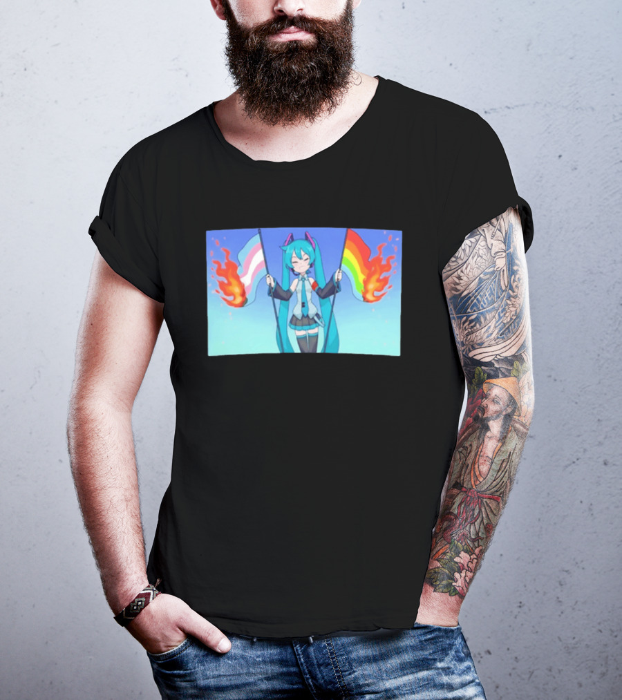 Anime Vocaloid Miku Holding Burning Transgender And Rainbow Flags Controversial Pride Month 2026 T-Shirt