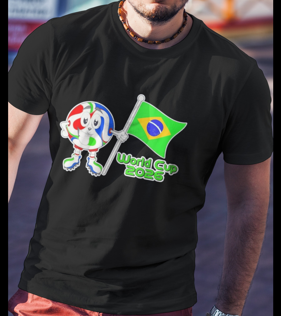 World Cup 2026 Cartoon Character With Brazil Flag Soccer Ball T-Shirt