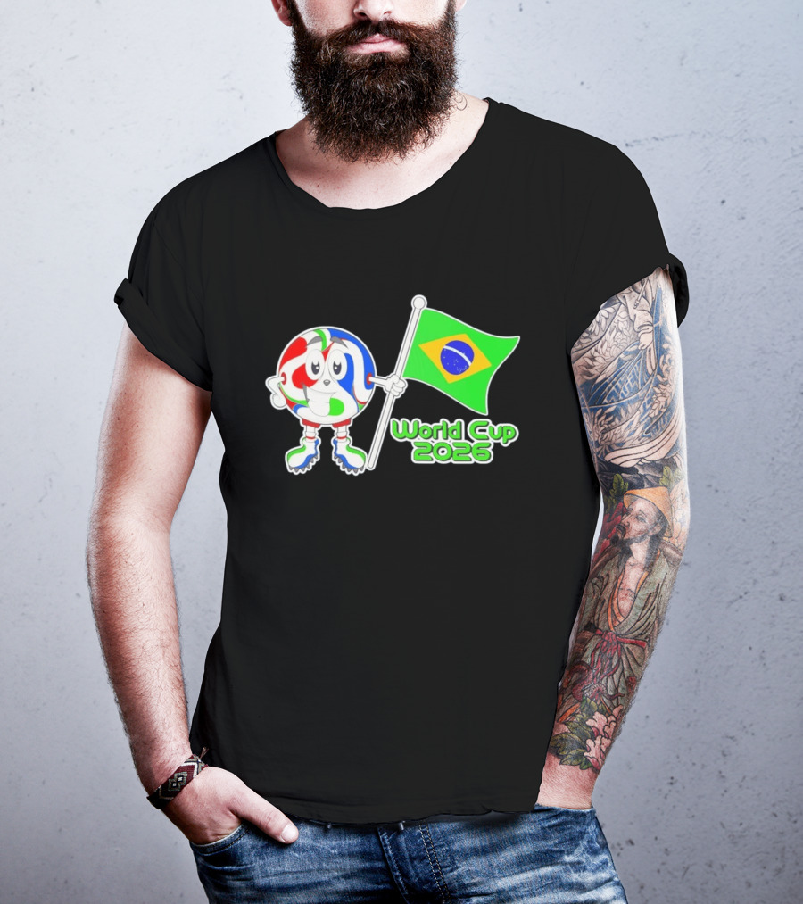 World Cup 2026 Cartoon Character With Brazil Flag Soccer Ball T-Shirt