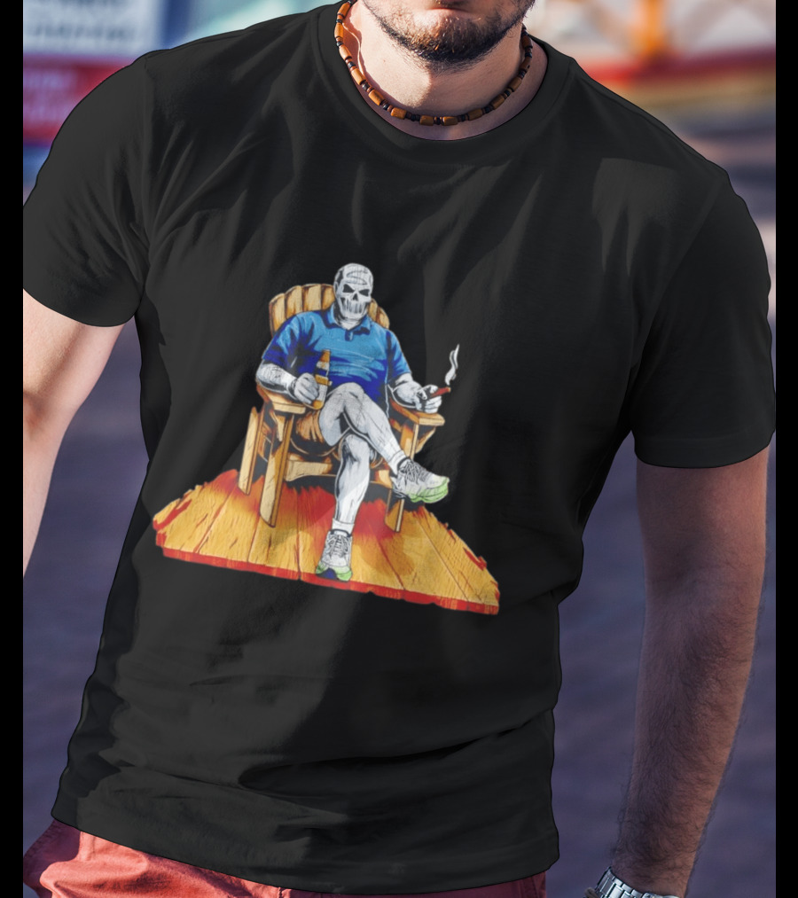 DarthBeards Skull Sitting In A Lawn Chair With Beer And Cigar T-Shirt