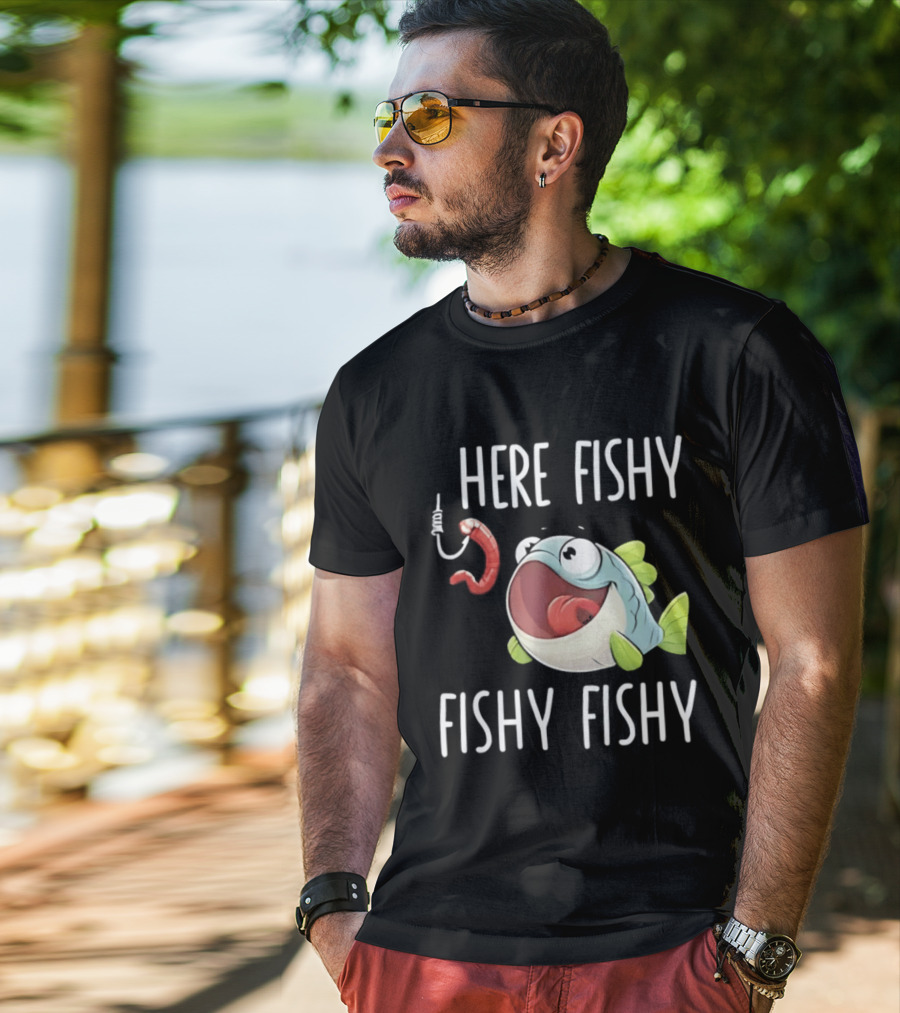 Here Fishy Fishy Cartoon Fish With Worm On Hook T-Shirt